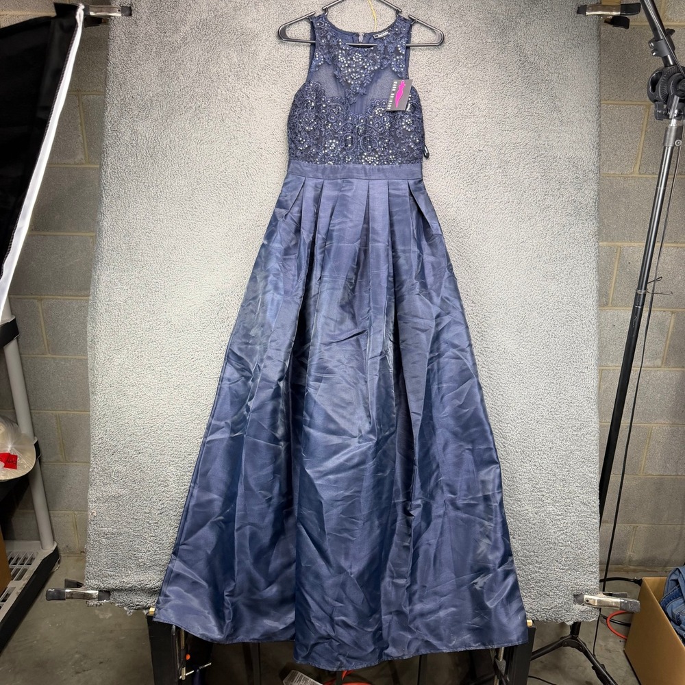 Fashion Nova Soieblu Navy Blue Sequin Lace Mesh Pleated Gown‎ Dress Small NEW